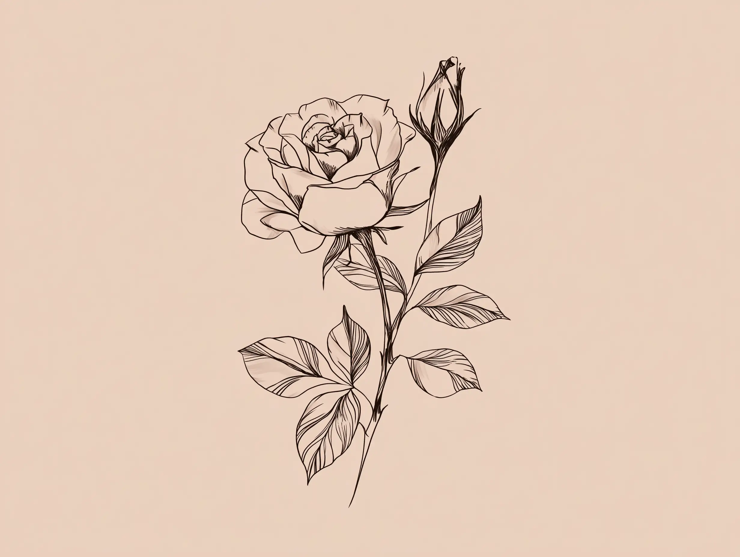 Line-art tattoo design of a rose with leaves, elegant thin outlines, balanced symmetry, classic floral tattoo aesthetic