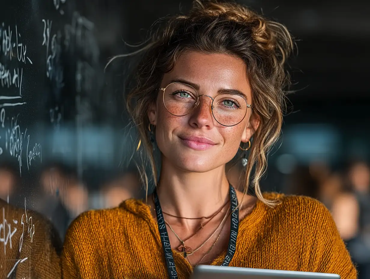 Smiling female teacher holding a tablet in front of a smartboard, daylight streaming through classroom windows, cinematic realism