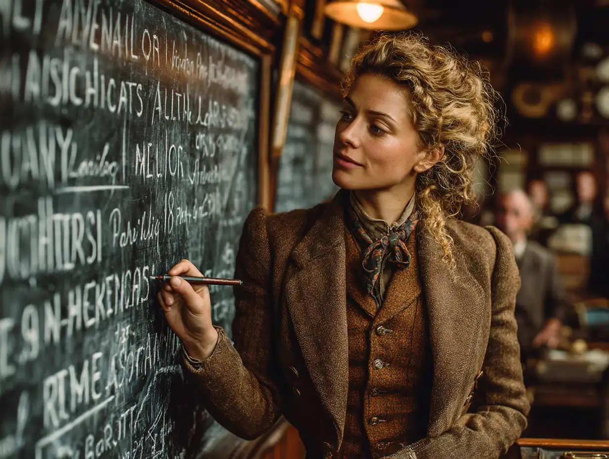 Teacher in vintage attire explaining historical routes on a chalkboard, nostalgic tone, soft focus, warm lighting