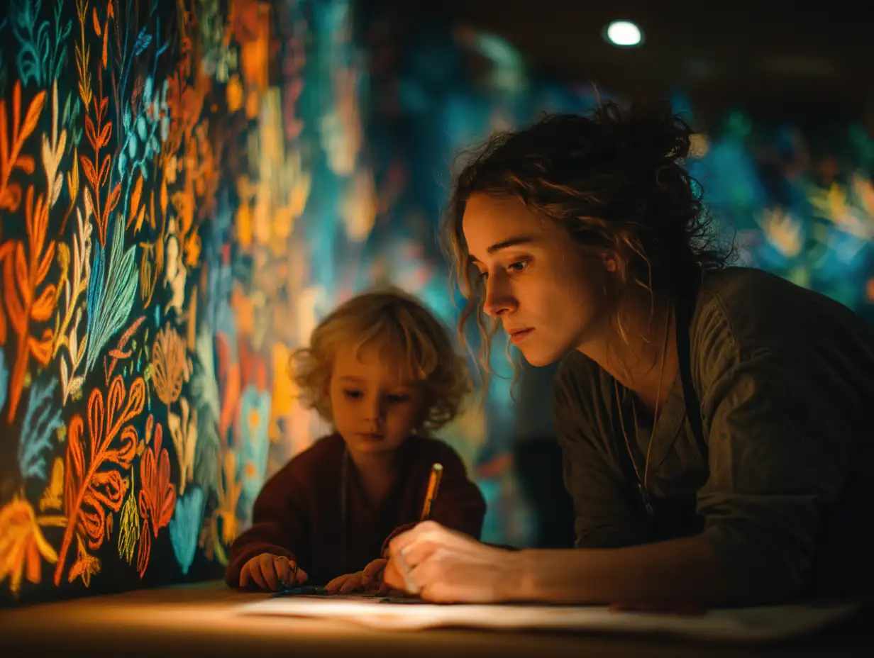 A kindergarten teacher kneeling to help a child draw, colorful classroom backdrop, natural soft lighting, storytelling composition