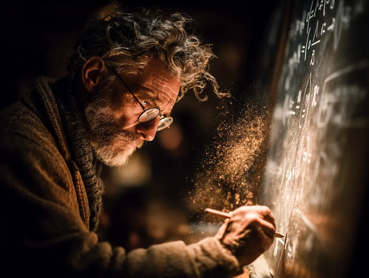 A math teacher writing complex formulas on a chalkboard, soft dust particles in golden light, expressive gesture, cinematic realism