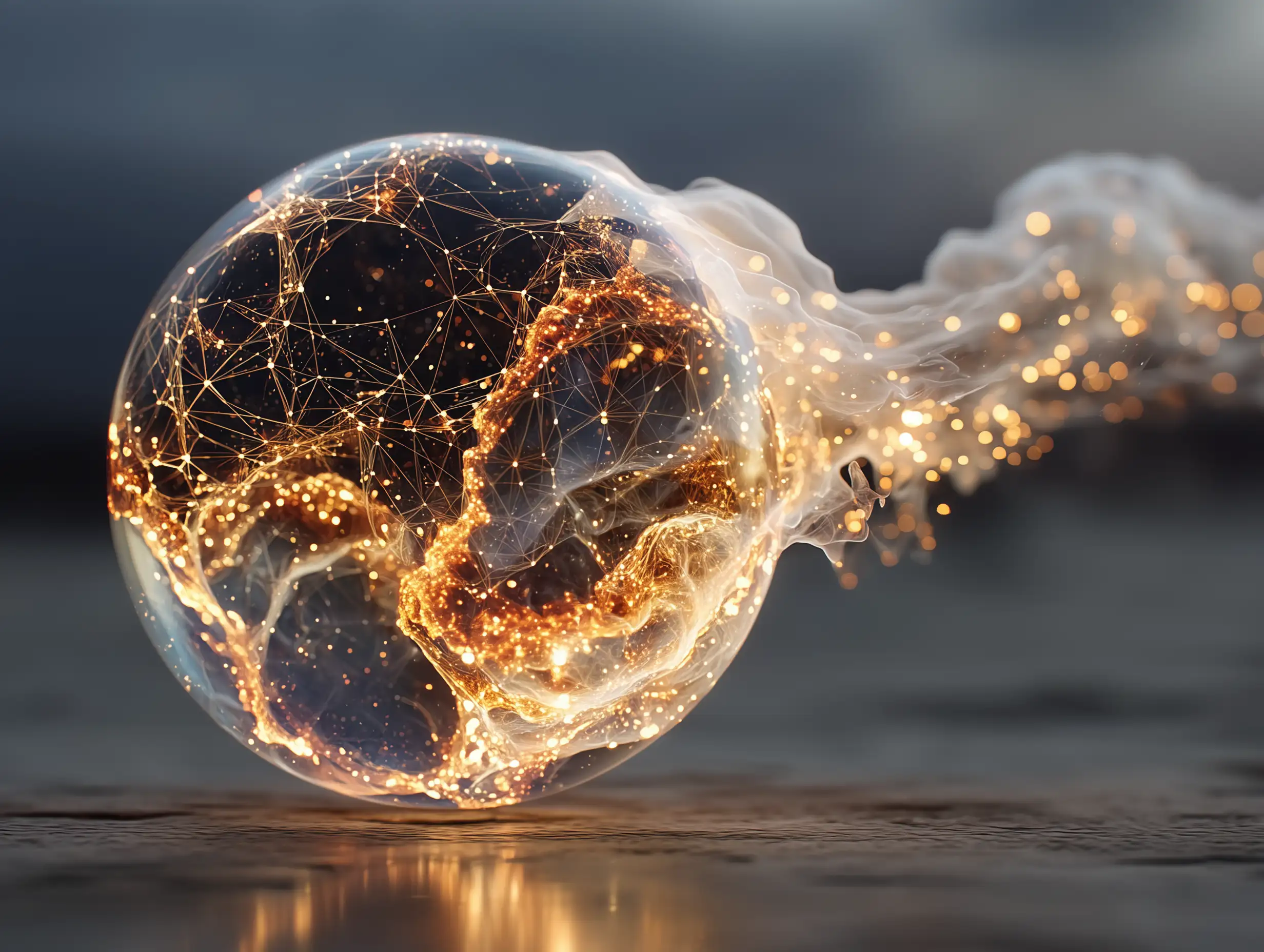 A glowing sphere formed by interconnected neural network nodes, swirling particles, abstract AI data visualization, sci-fi atmosphere