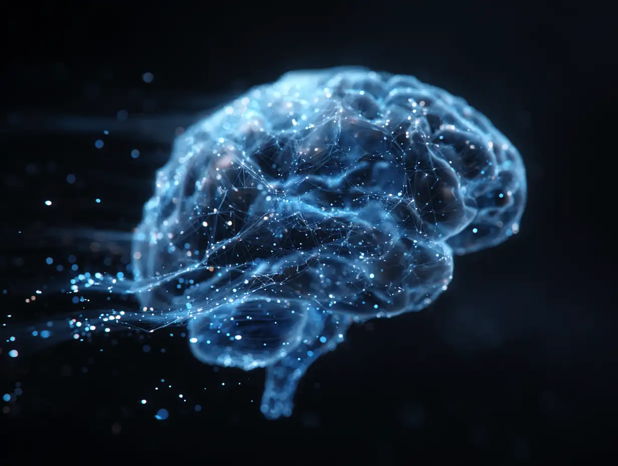 A holographic blue AI brain made of glowing data lines and floating particles, dark background, cinematic lighting, ultra-detailed tech aesthetic