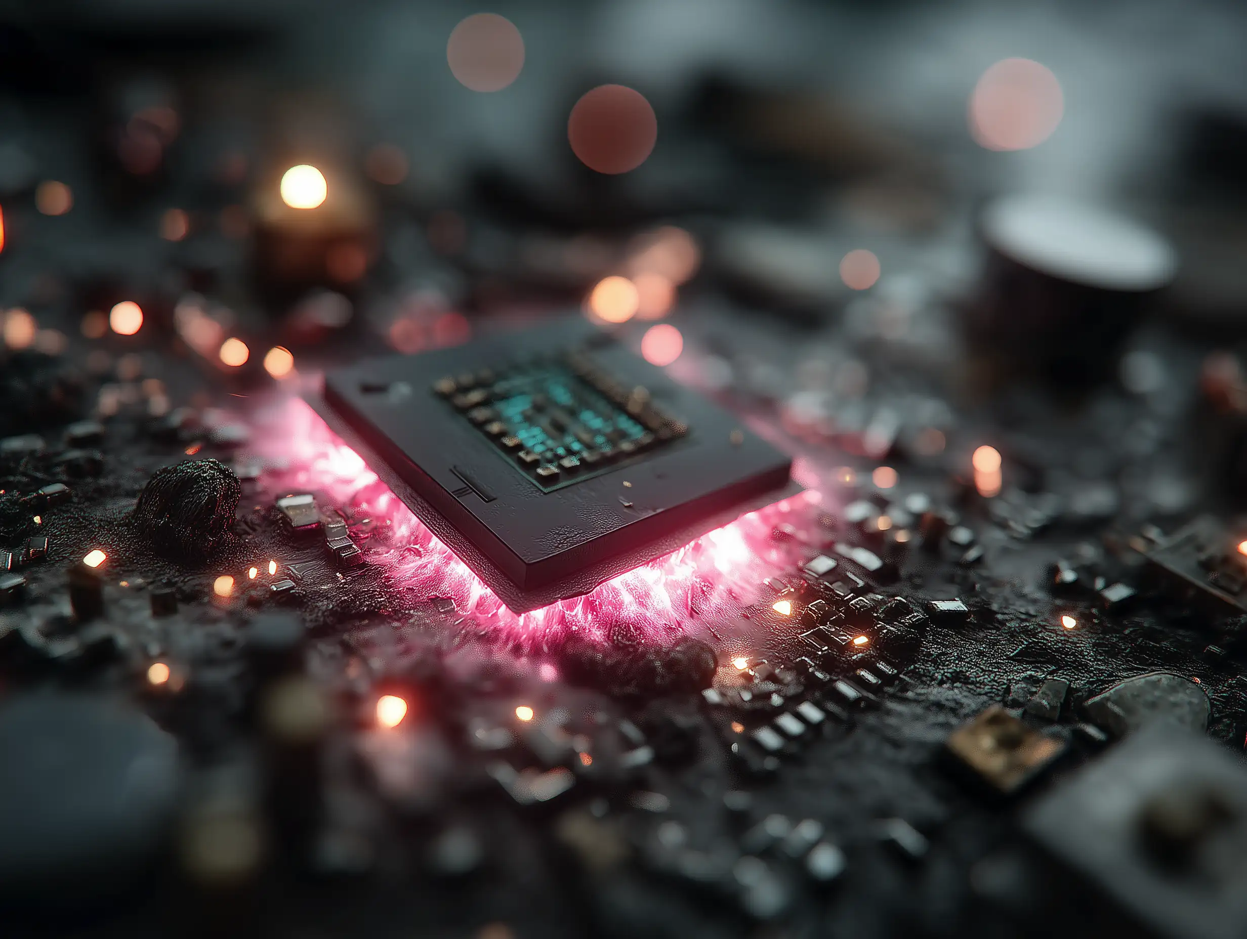A neon-lit computer chipset emitting an energy pulse, pink-cyan cyberpunk color palette, dramatic glow, detailed textures