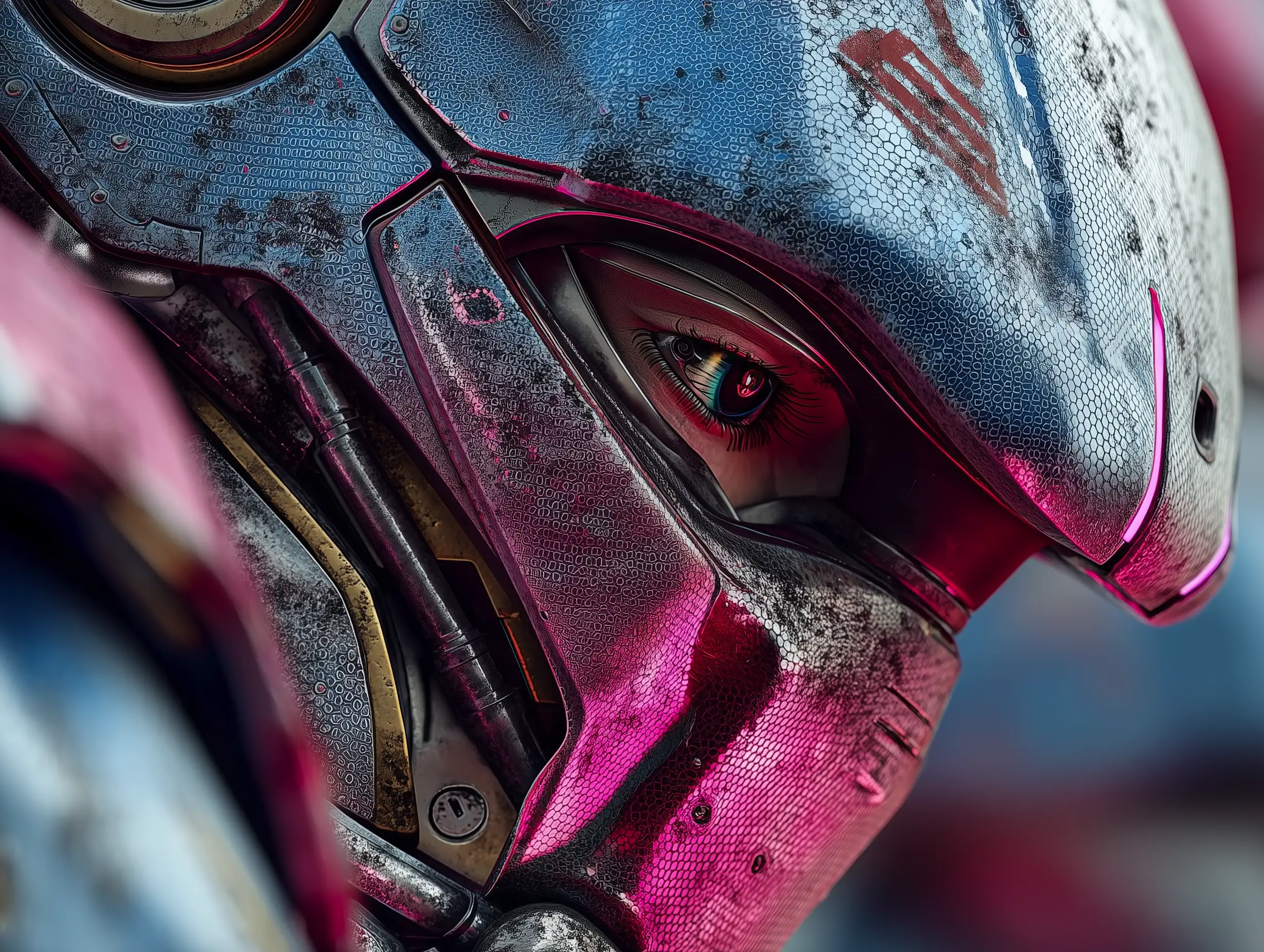 A close-up of a sleek cyberpunk robot face, metallic chrome surface reflecting neon magenta and blue lights, hexagonal micro-engraving, glowing eyes with data streams, sharp cinematic realism 