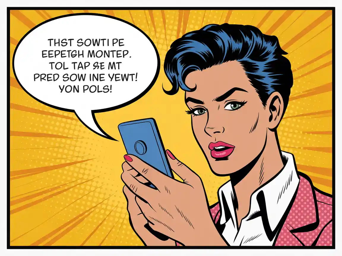A pop art comic book style panel featuring a character holding a phone with an exaggerated speech bubble showing a sassy text reply.