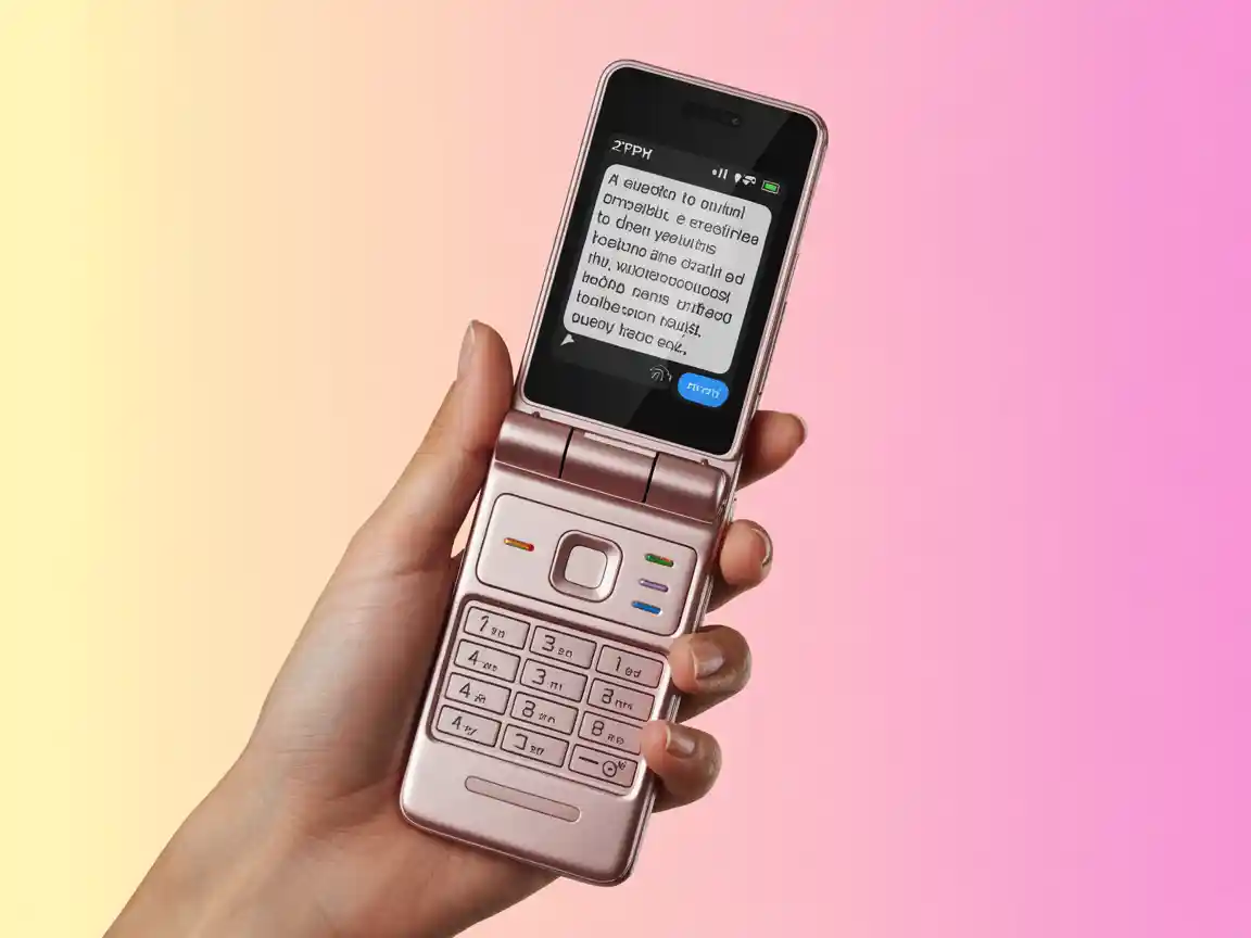 Y2K Flip Phone: A shiny metallic pink Y2K-era flip phone held by a manicured hand, the tiny pixelated screen proudly displaying a nostalgic, abbreviation-heavy text reply, soft pastel background.