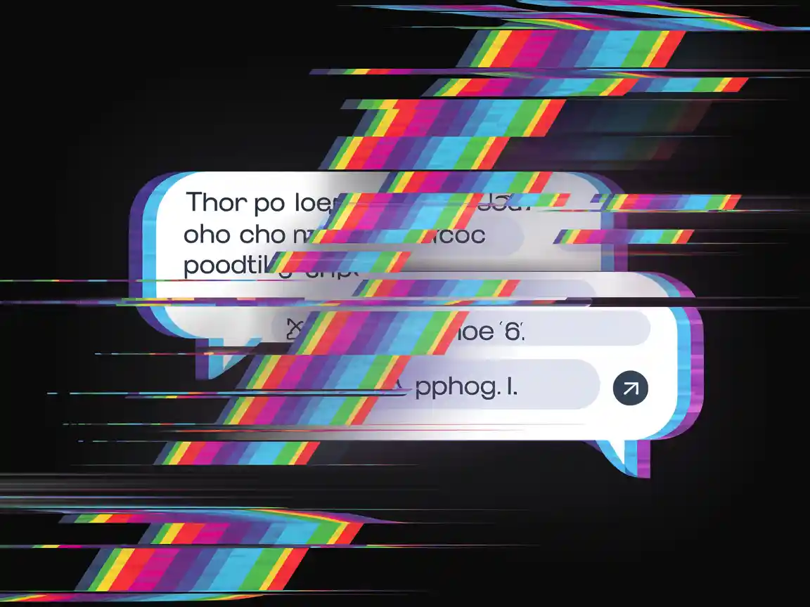 Glitch Art Interface: A highly stylized glitch art representation of a modern chat interface, where the text reply bubble is distorted with vibrant RGB color splitting and digital static effects.