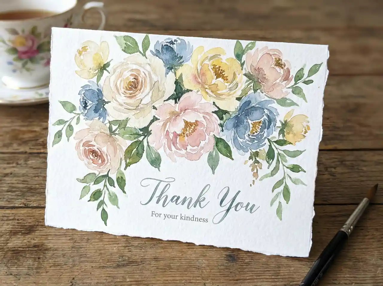 A watercolor floral thank you card, pastel roses and peonies, elegant hand-painted style