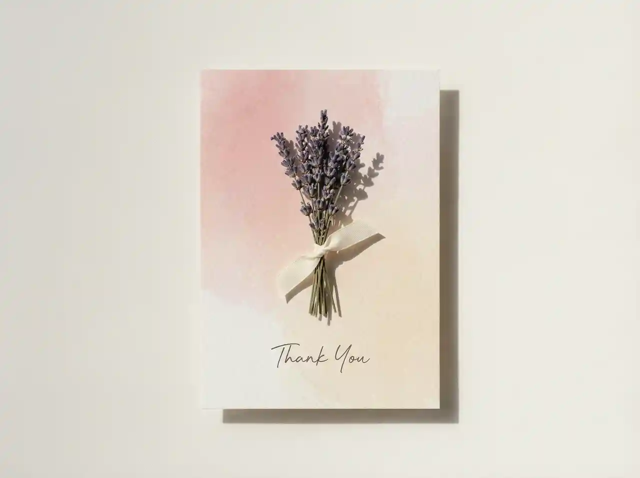 A minimalistic thank you card with small lavender bouquet, soft gradient background, subtle shadows