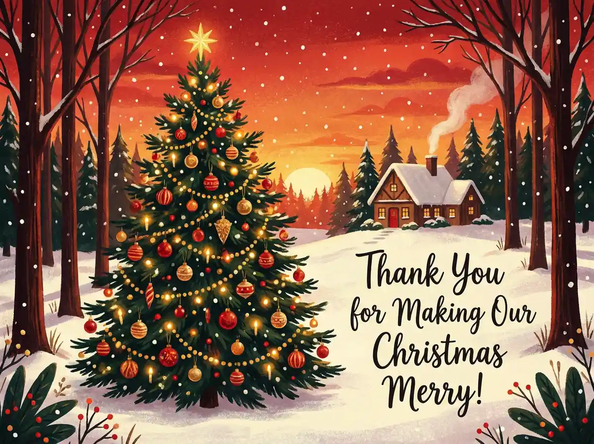 Christmas thank you card with decorated tree and snow, warm cozy colors, festive illustration