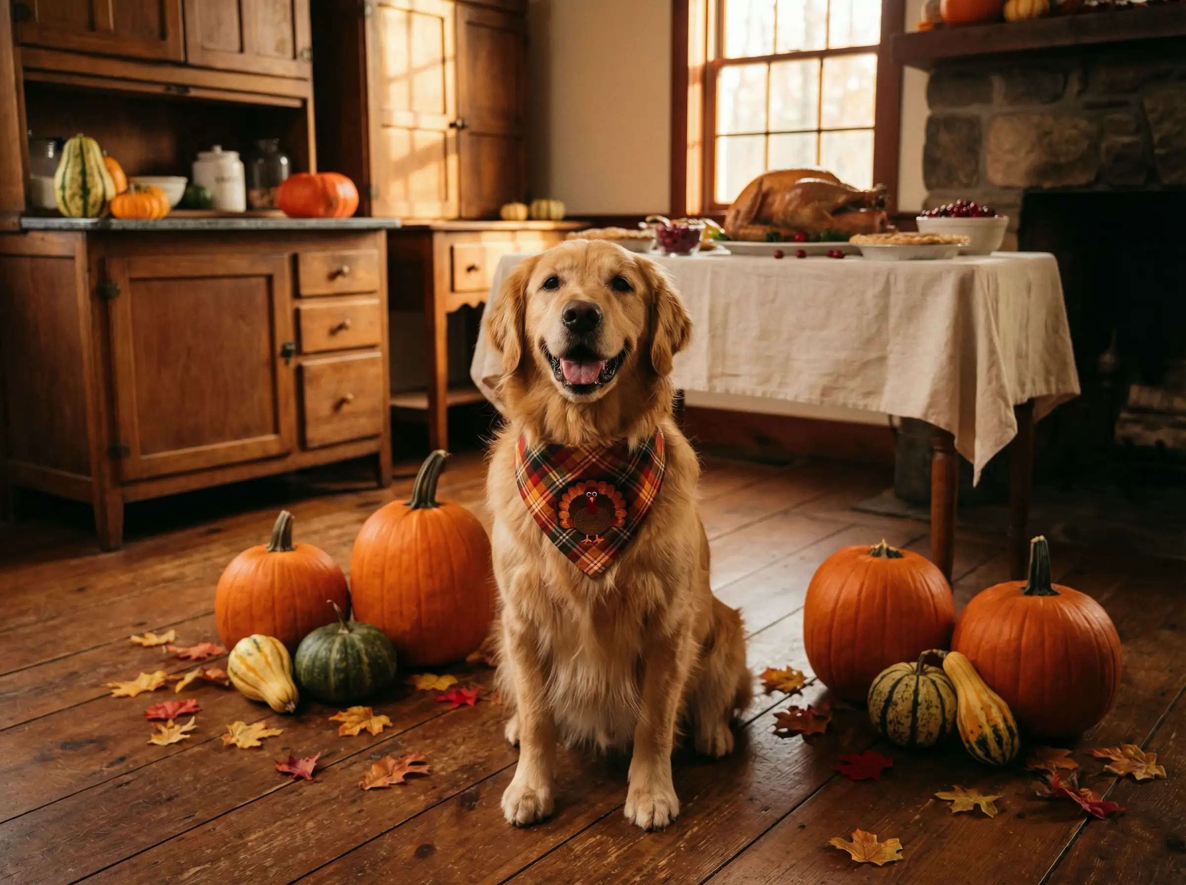 A happy golden retriever wearing a cozy Thanksgiving bandana, warm autumn lighting, pumpkins and fall leaves around, rustic wooden kitchen background, wholesome holiday mood