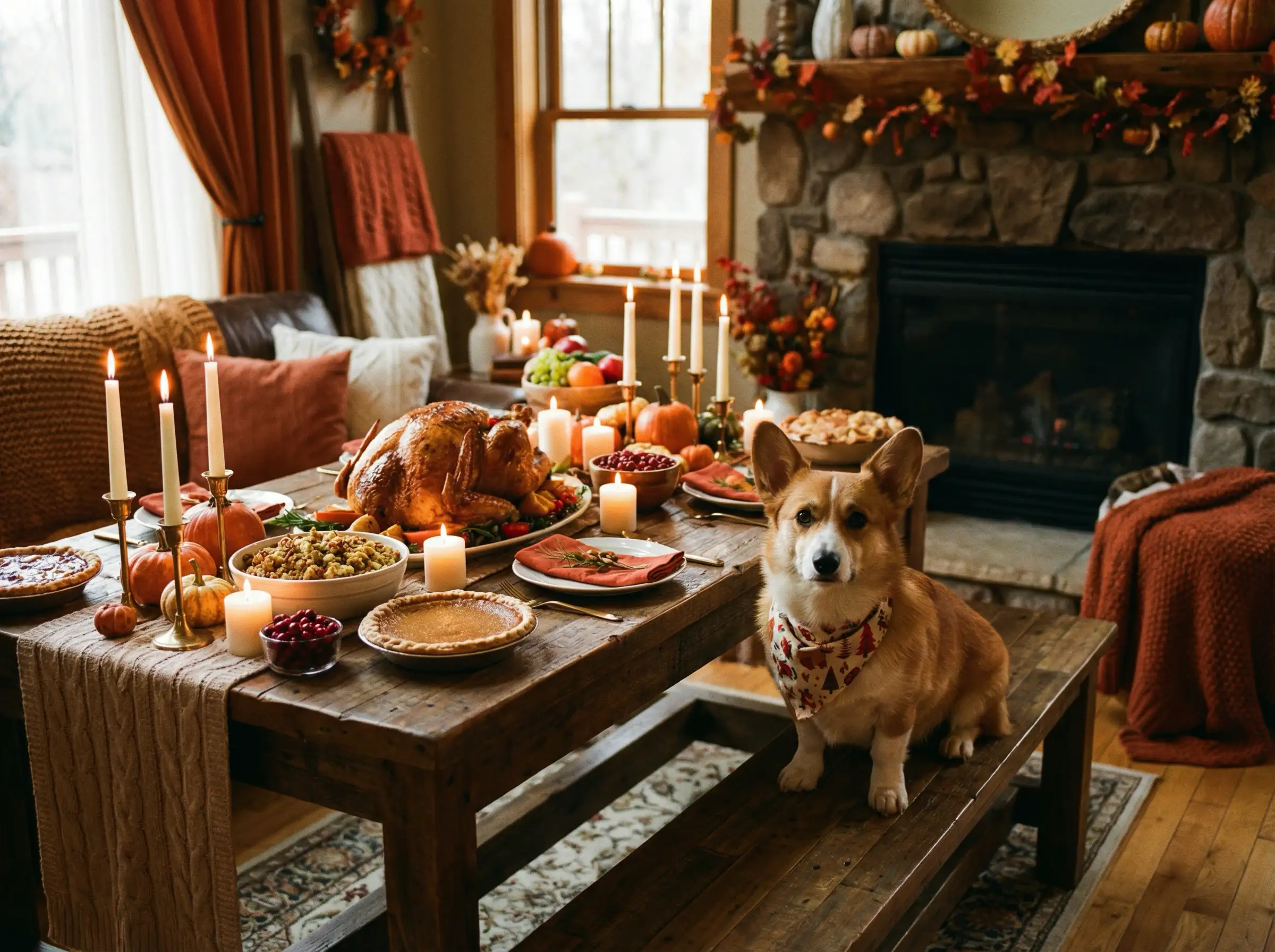 A small corgi sitting beside a Thanksgiving feast on a rustic wooden table, warm candle glow, soft fall colors, cozy festive atmosphere