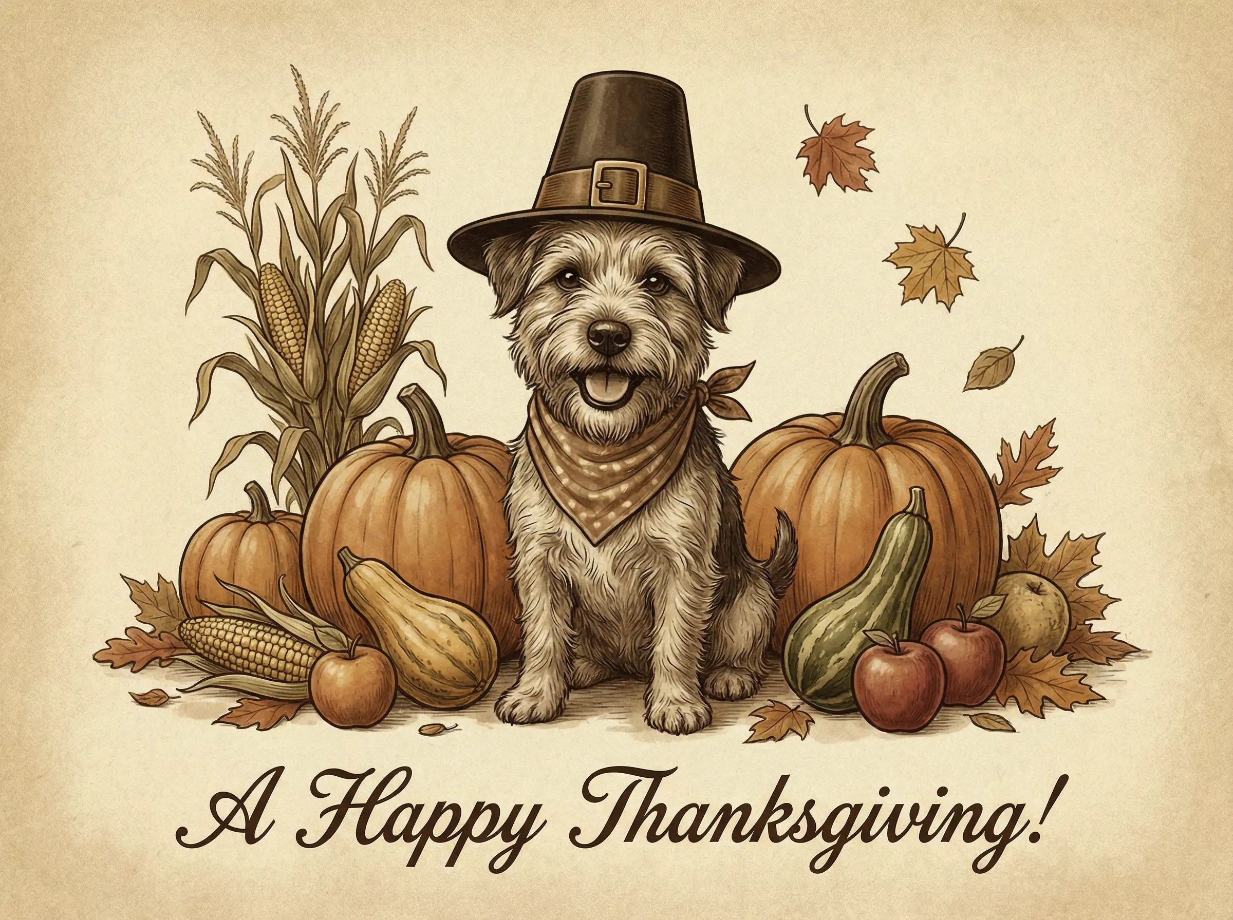 Vintage illustration of a cheerful Thanksgiving dog with autumn harvest elements, soft grain texture, nostalgic greeting‑card style