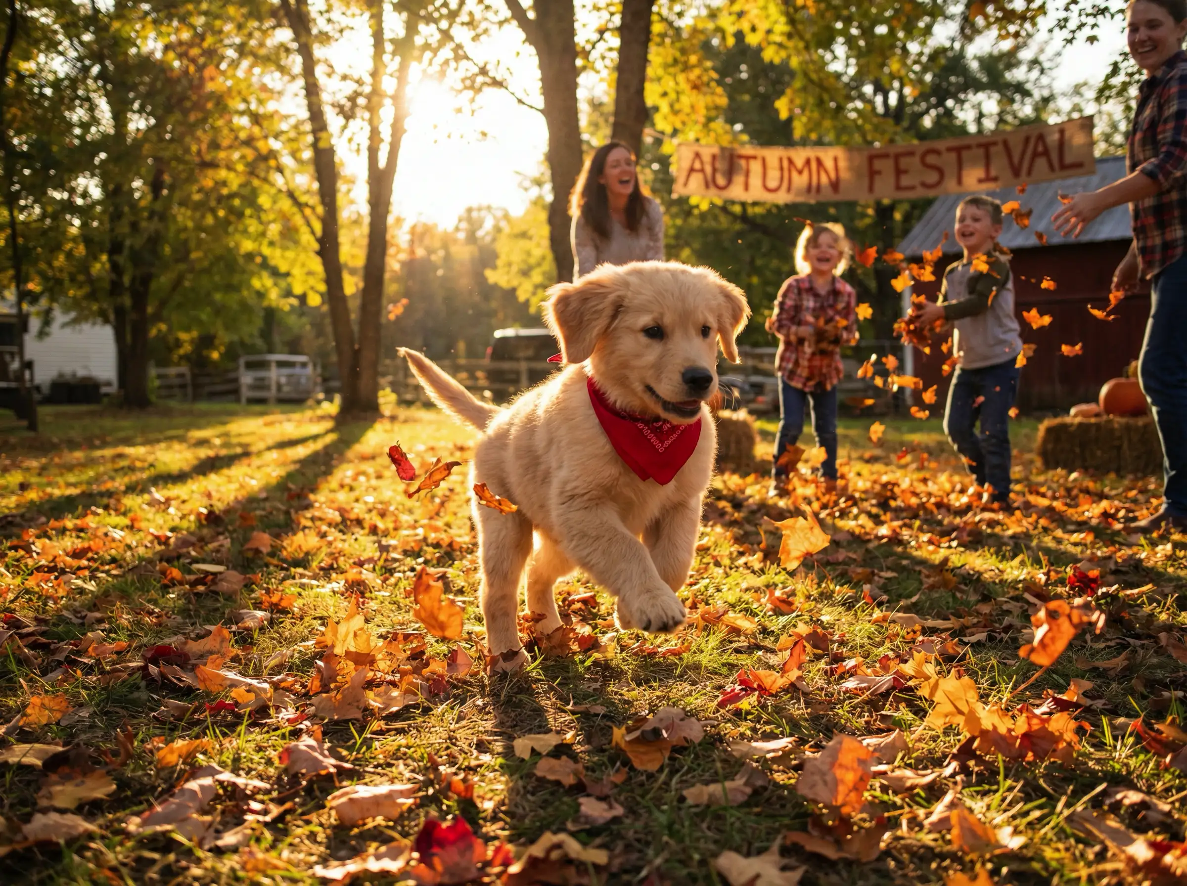 Playful puppy running through a yard covered in orange leaves, warm sunlight, joyful autumn celebration mood