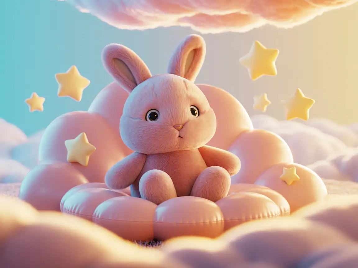 A pastel-colored plush toy rabbit sitting comfortably on a cloud-shaped cushion, surrounded by floating stars and gentle sunlight. 