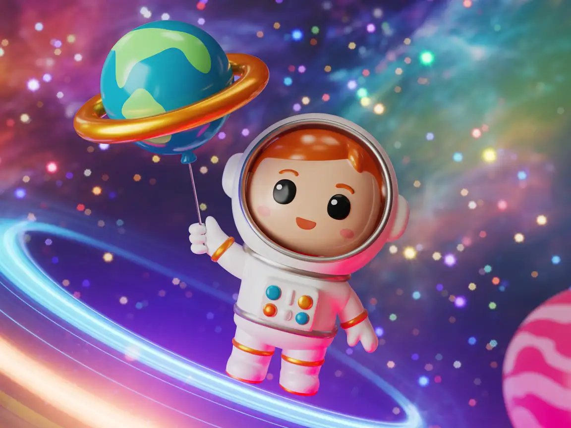 Close-up shot focusing on the chibi astronaut toy, with the balloon prominently displayed. 