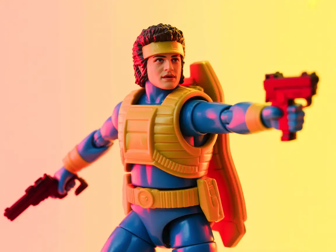 A detailed action figure styled like a classic 1980s hero, featuring vivid plastic armor and accessories typical of the era, such as a gun or sword, set against a simple abstract background.