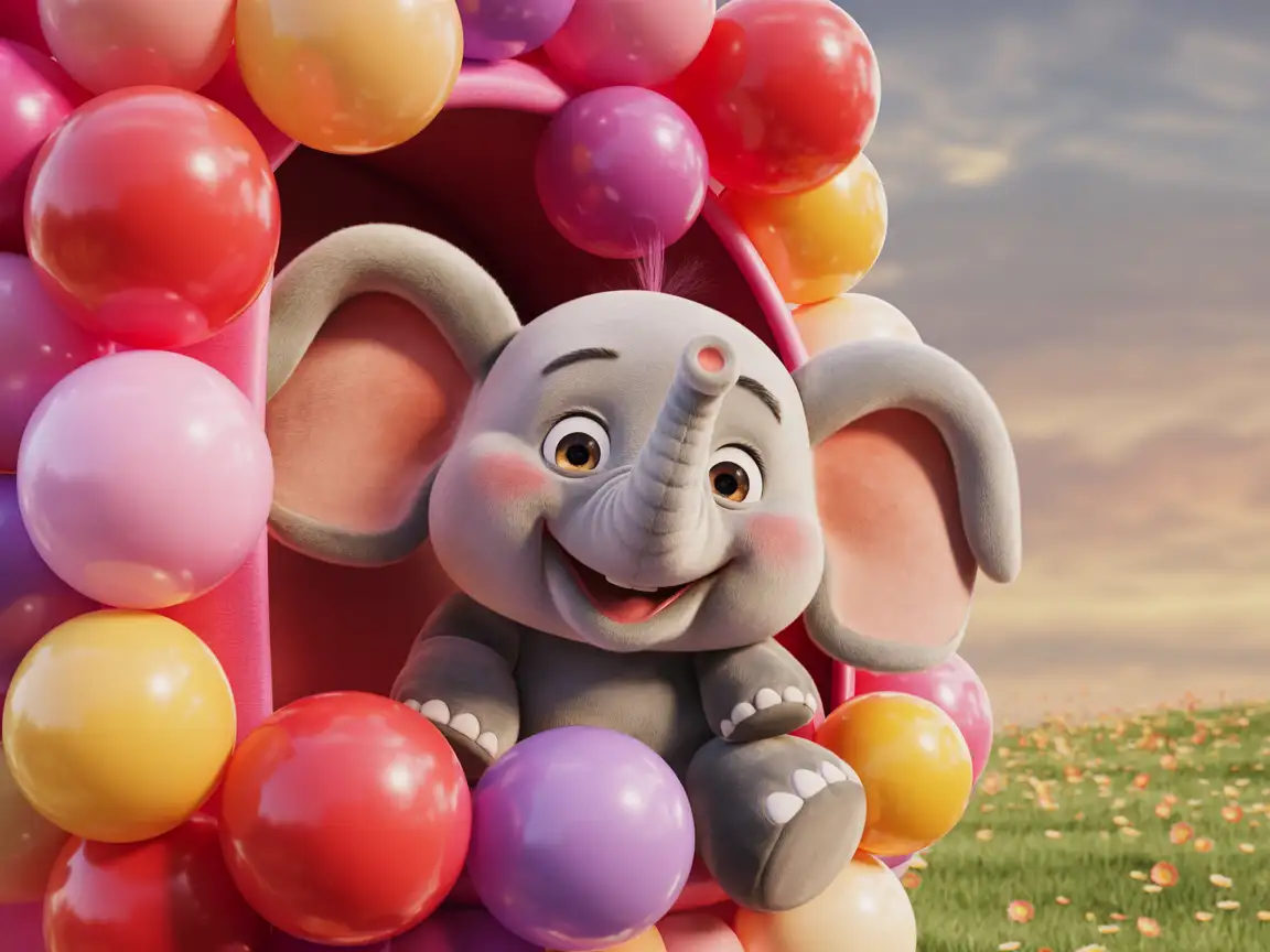 A cute elephant plush with oversized ears and a joyful smile, sitting beside a cluster of colorful balloons in various shapes and sizes.
