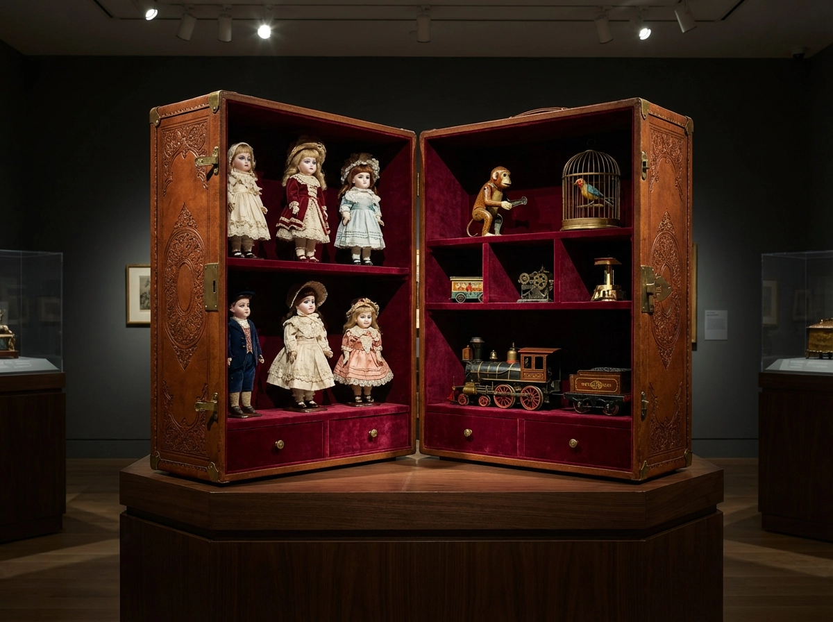 High-end collector's toy box, leather-bound with velvet lining, containing exquisite porcelain dolls and antique clockwork toys, dramatic museum-style lighting.