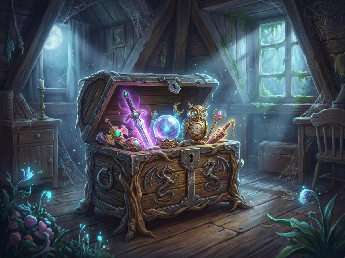 Fantasy treasure-chest style toy box in an enchanted attic, glowing magical artifacts inside, floating dust motes, dreamlike mystery mood, cinematic digital art.