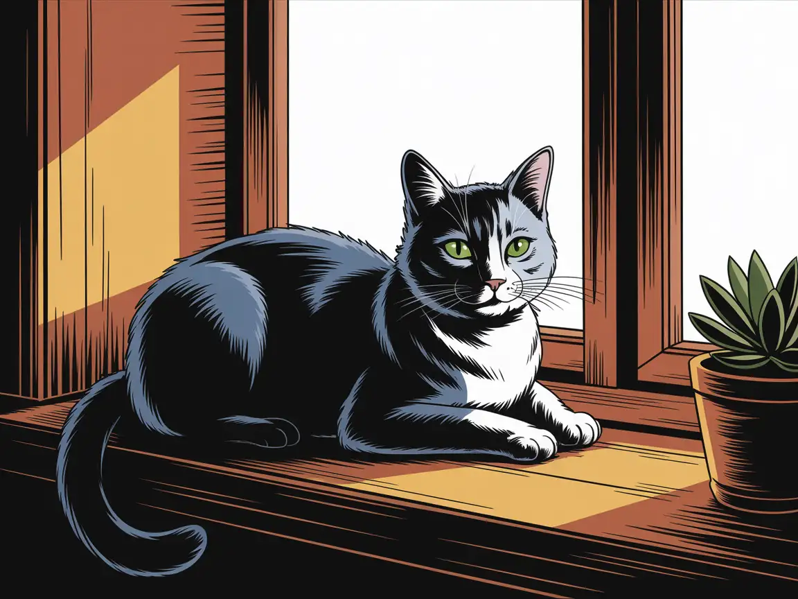 A cat sitting on a windowsill, traced into bold comic-style outlines with uniform ink weight and simplified textures.
