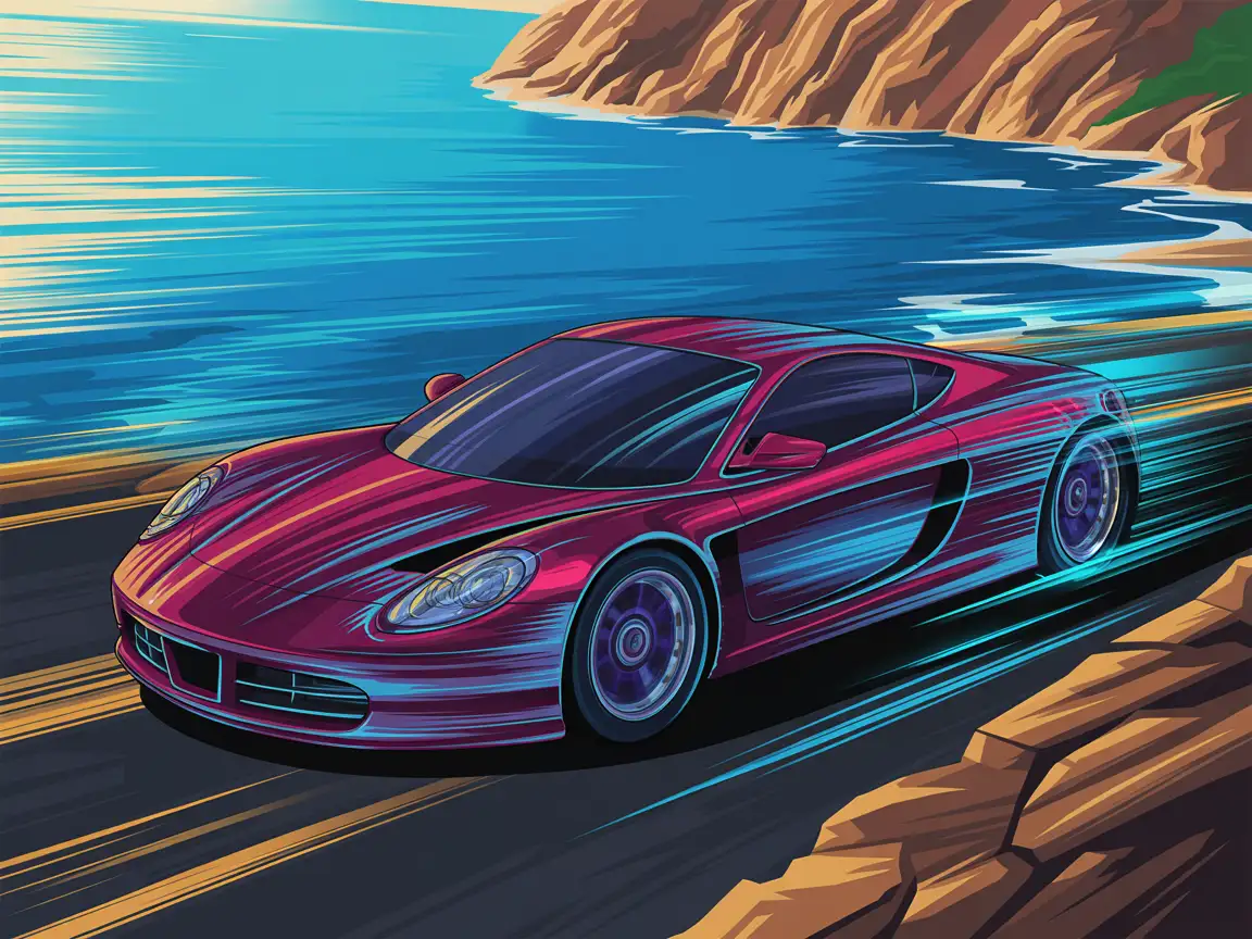 Sports car image converted into precise vector outlines with glossy surface contours and dynamic motion lines.