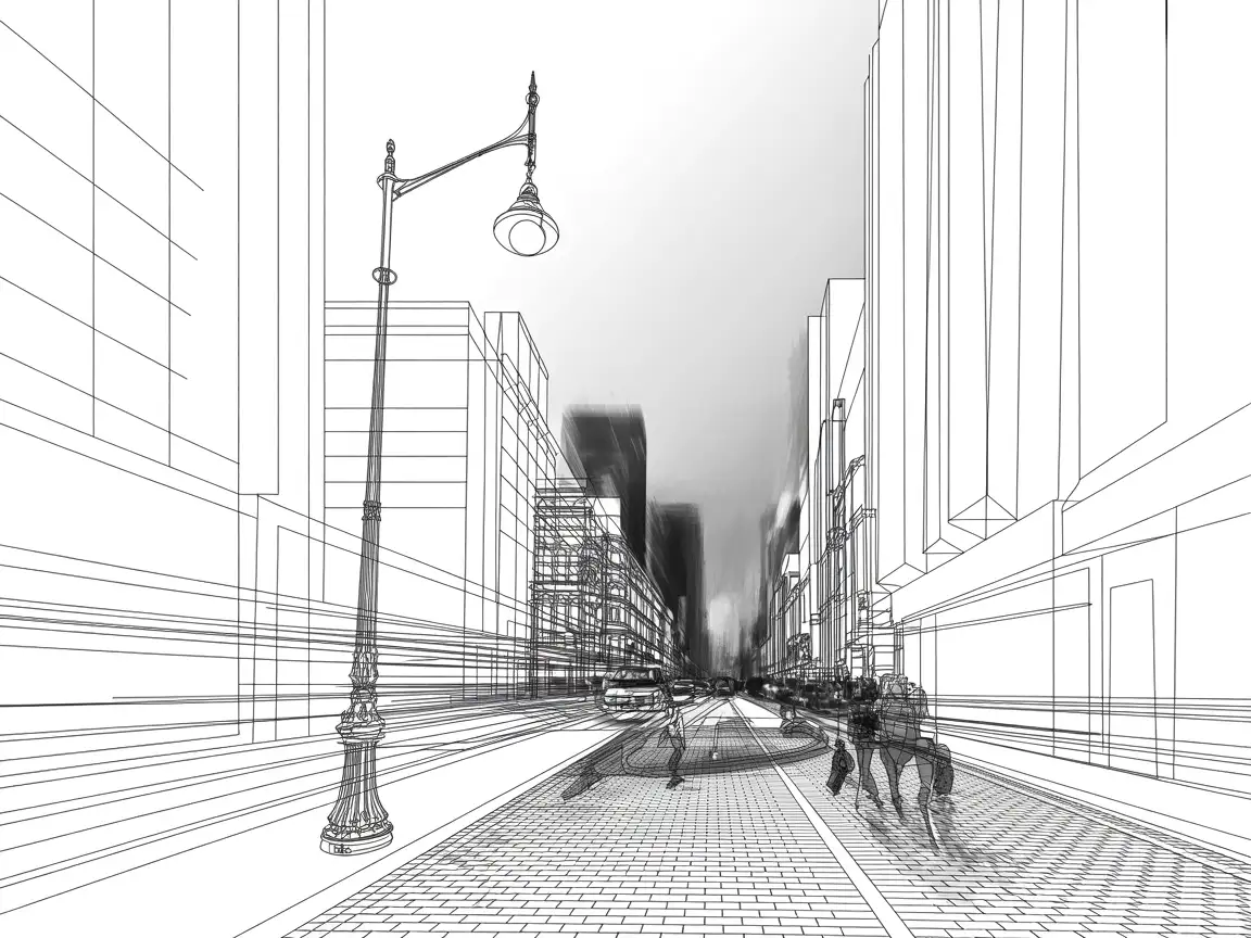 City street photo traced into minimalist geometric line art with straight building contours and soft abstract lines.