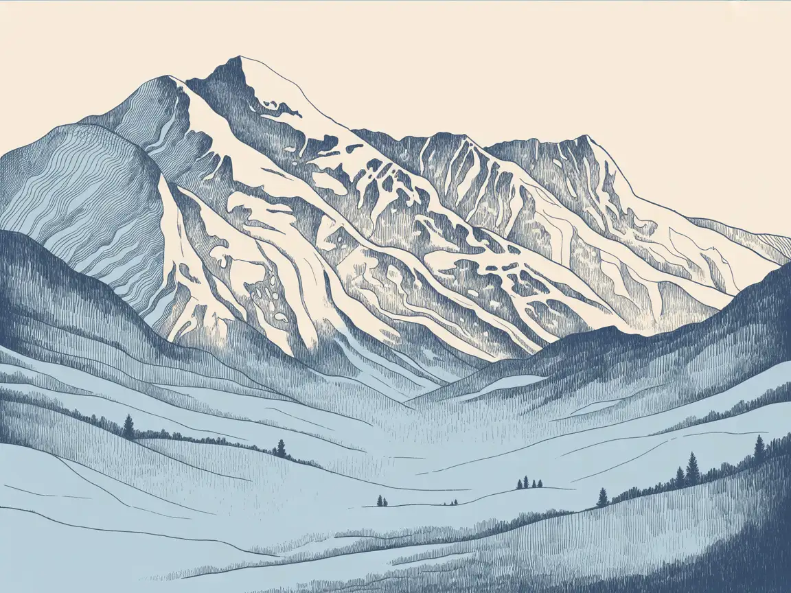 Mountain landscape traced into contour-line drawing with elevation-style lines and textured ridges.