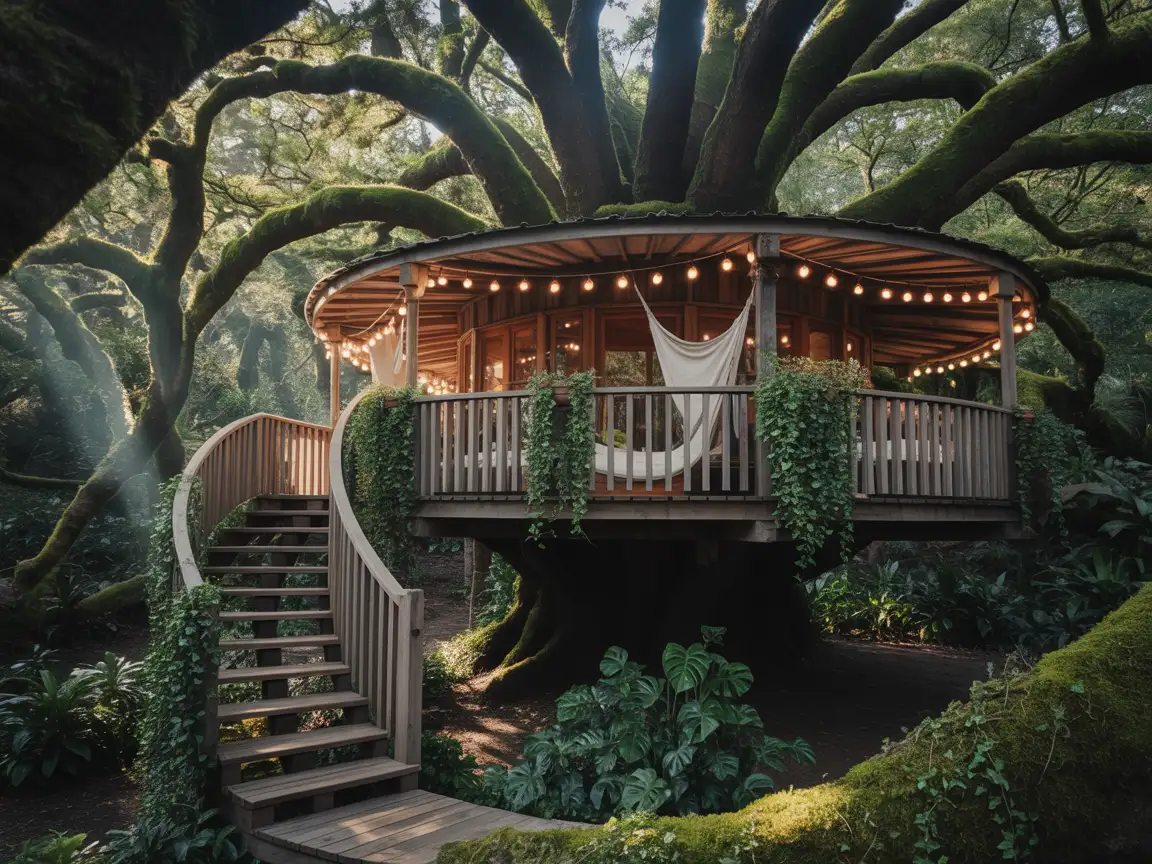 A dreamy bohemian-style tree house with hanging hammocks, lanterns, and plants covering the balcony