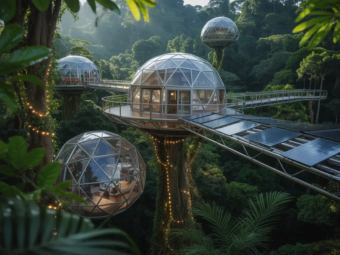A futuristic eco-treehouse with solar panels, metal walkways, and glass domes hovering above a dense jungle