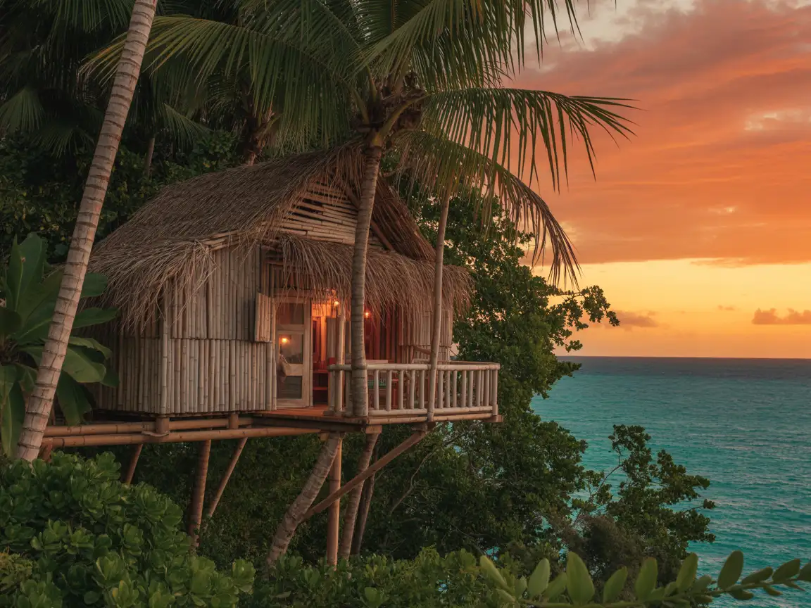 A tropical tree house by the ocean with bamboo walls, palm leaves for roofing, and a sunset sky in the background