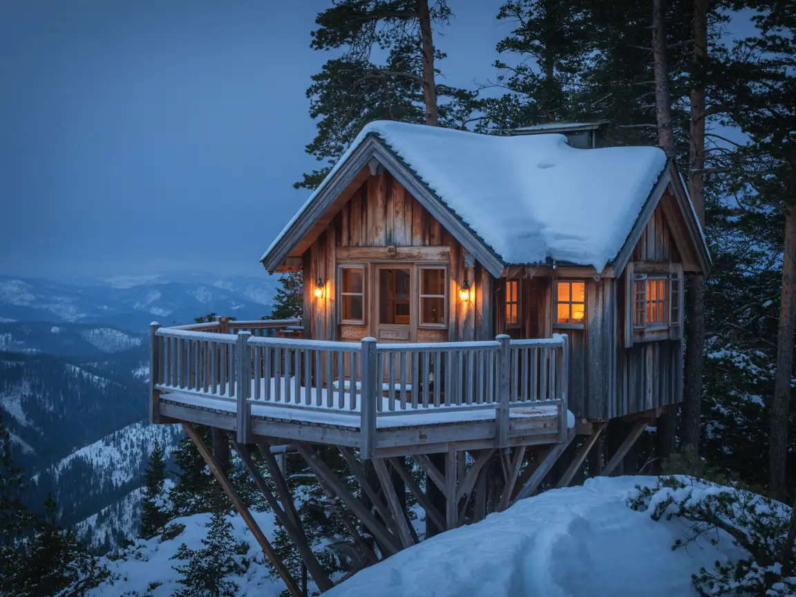 A snowy mountain tree house with a wooden deck, soft glowing lights, and snow gently falling around it