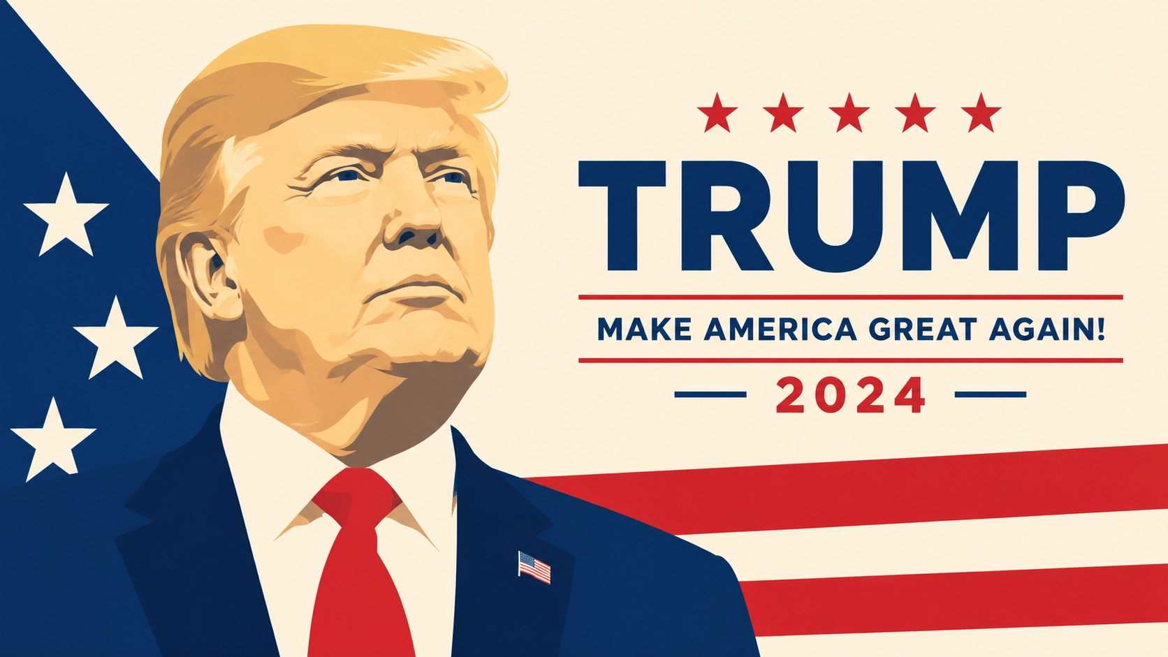 Minimal flat-vector Trump portrait, simplified silhouette, bold red, blue, and cream palette, clean campaign-poster composition