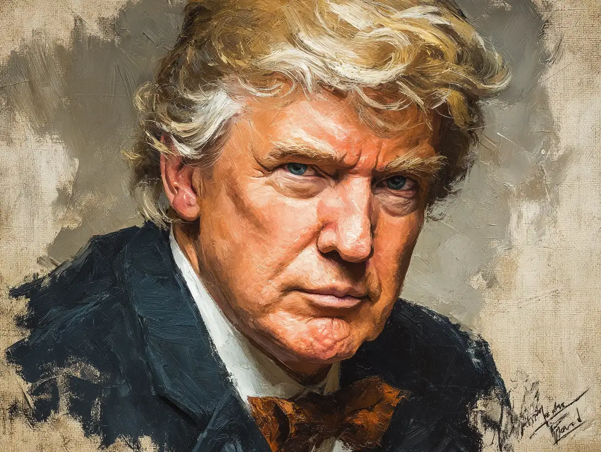 A traditional oil-painting style portrait of Donald Trump, realistic brush strokes, neutral expression, classical art aesthetic, high detail