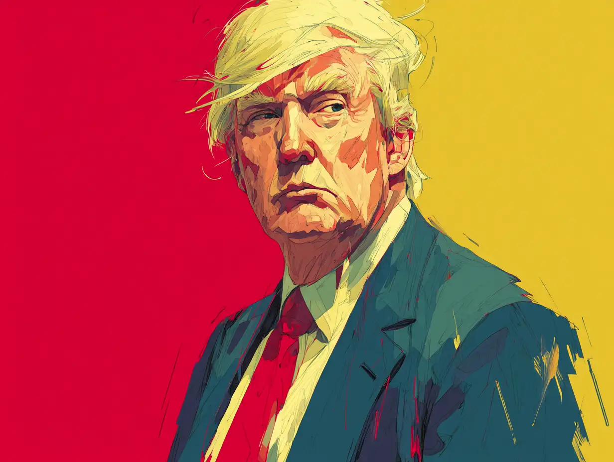 A stylized editorial illustration inspired by Donald Trump’s recognizable features — swept-back blond hair, navy suit, red tie — warm studio lighting, magazine-cover aestheti