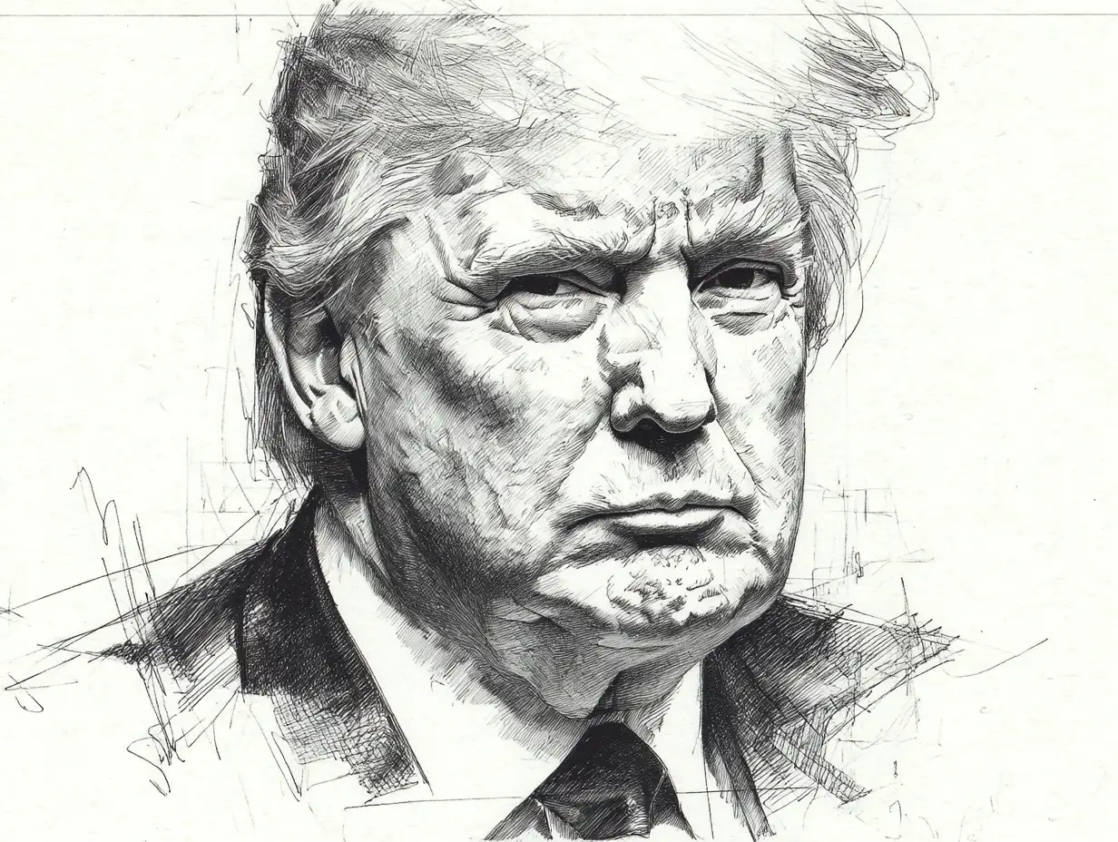 A clean line-art sketch illustration of Donald Trump, neutral pose, accurate proportions, monochrome pencil texture, professional reference style,Illustration