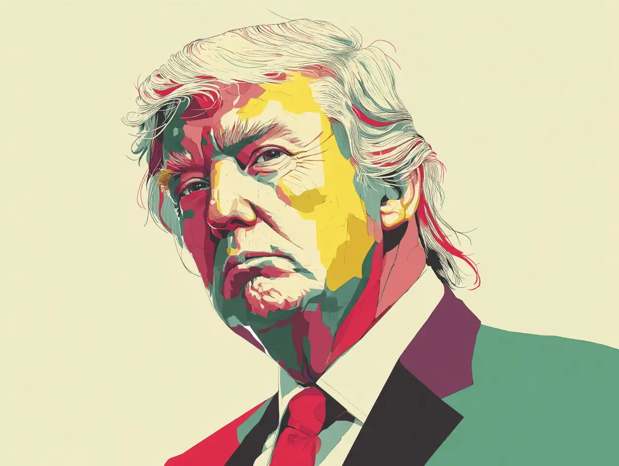 A flat-vector portrait inspired by Donald Trump’s iconic silhouette and hairstyle, simplified shapes, bold flat colors, clean graphic design style