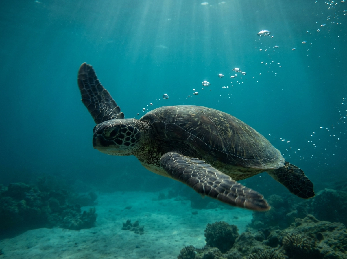 Sea turtle swimming underwater, smooth motion, realistic bubbles and light rays, deep turquoise tones, cinematic marine wildlife photography