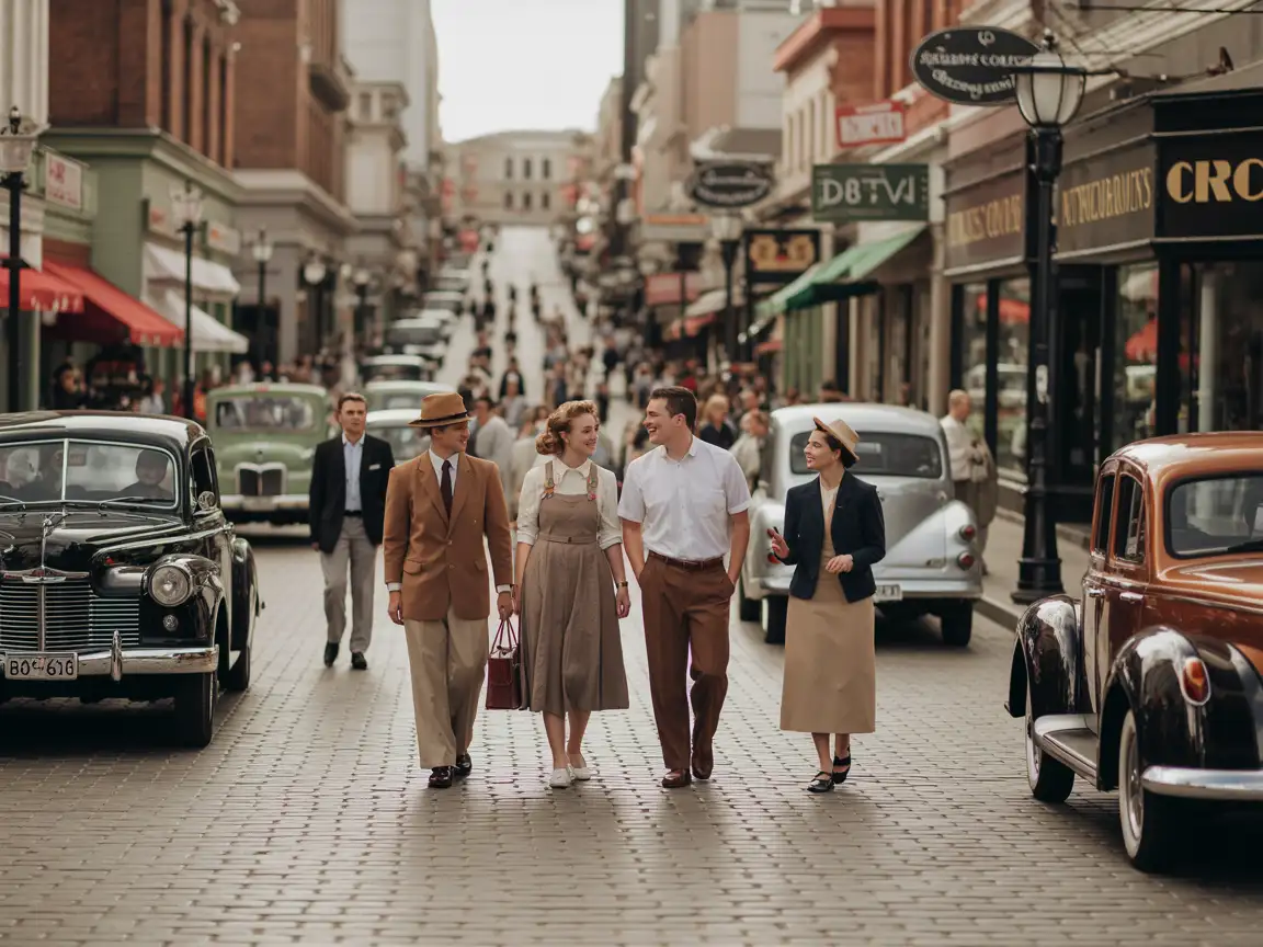 A bustling street scene featuring old cars from the 1940s, cobblestone roads, and pedestrians dressed in period-appropriate attire.