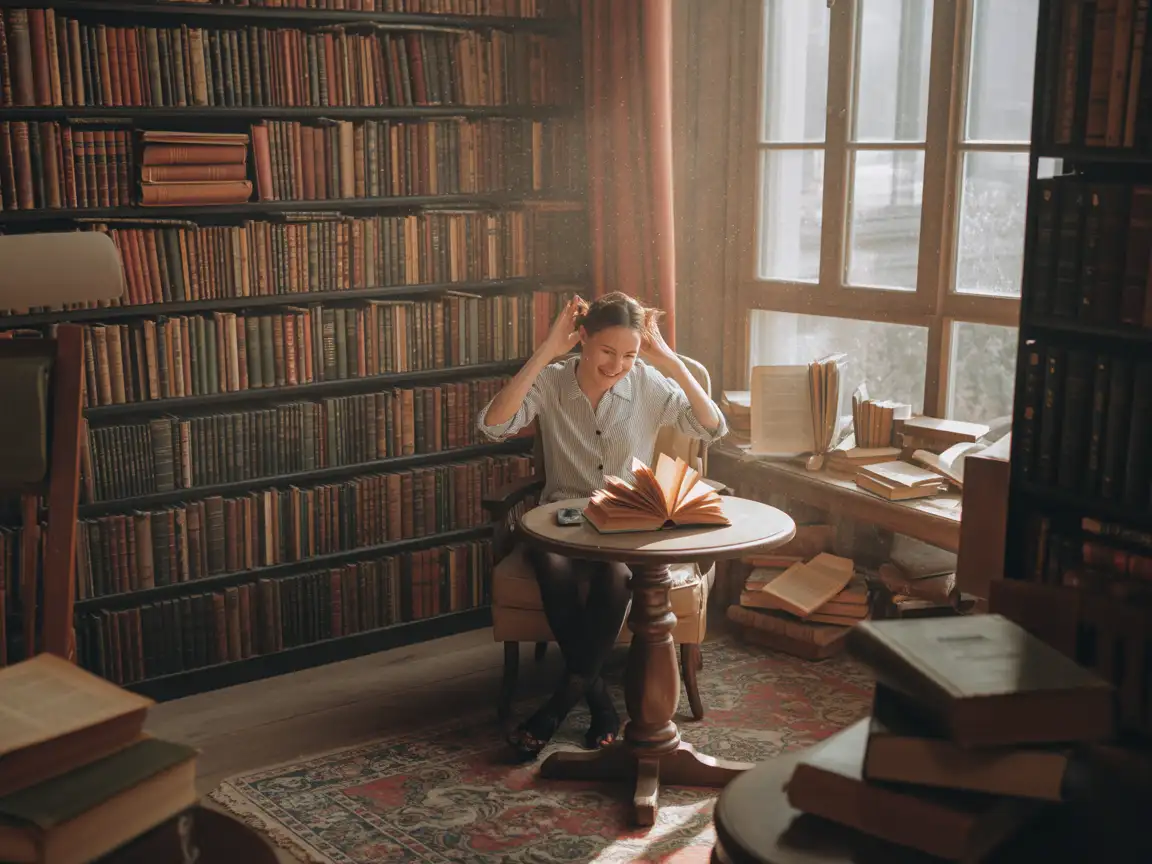 Warm and inviting vintage style, emphasizing a cozy atmosphere with a nostalgic feel. A cozy library filled with tall wooden bookshelves containing old books.