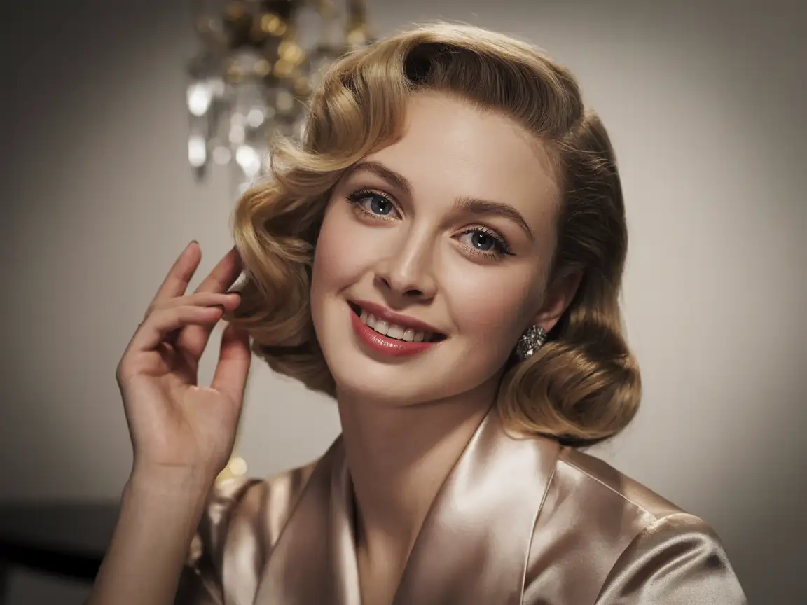 A glamorous movie star with classic 1940s features, styled with soft waves in their hair and wearing a sophisticated outfit, such as a satin gown or tailored suit.