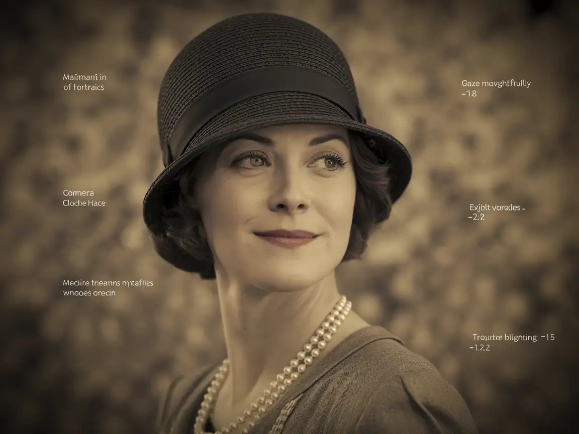 A portrait of a woman in a 1920s cloche hat, dressed in period-appropriate attire.