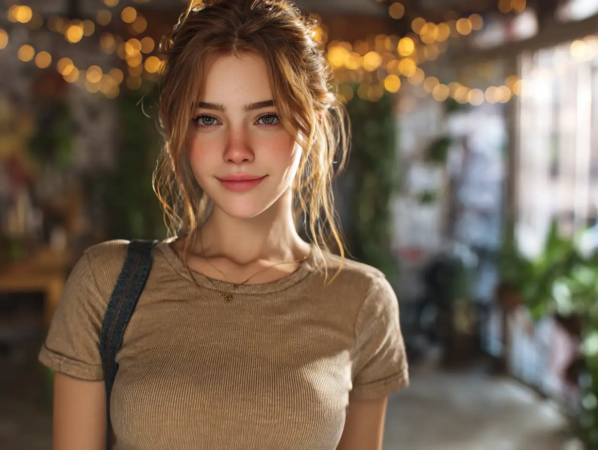 Realistic-style virtual girlfriend portrait, fictional young woman smiling softly, natural daylight, casual outfit, warm and friendly atmosphere, lifestyle photography style