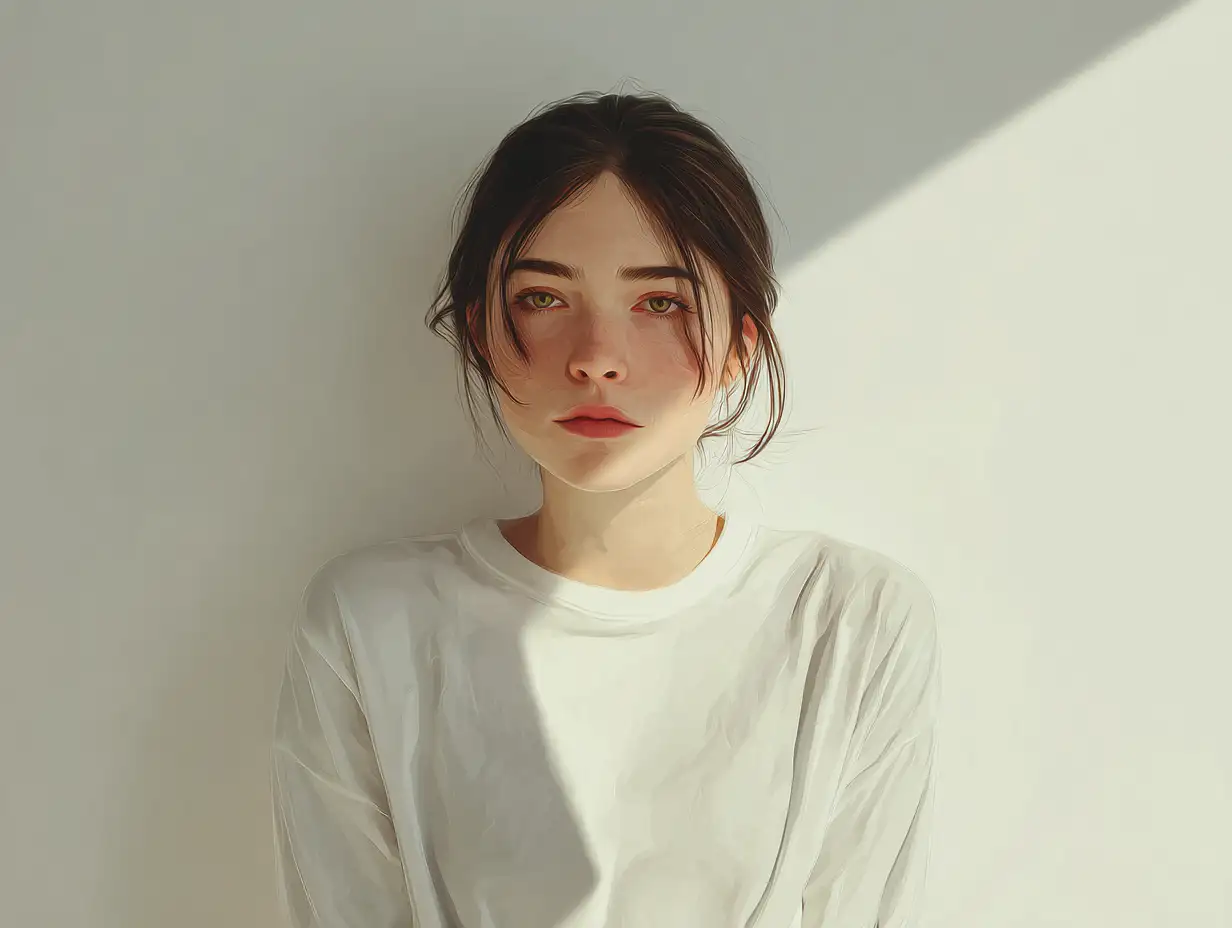 Minimalist virtual girlfriend portrait, clean background, simple clothing, soft shadows, modern aesthetic, calm emotional tone