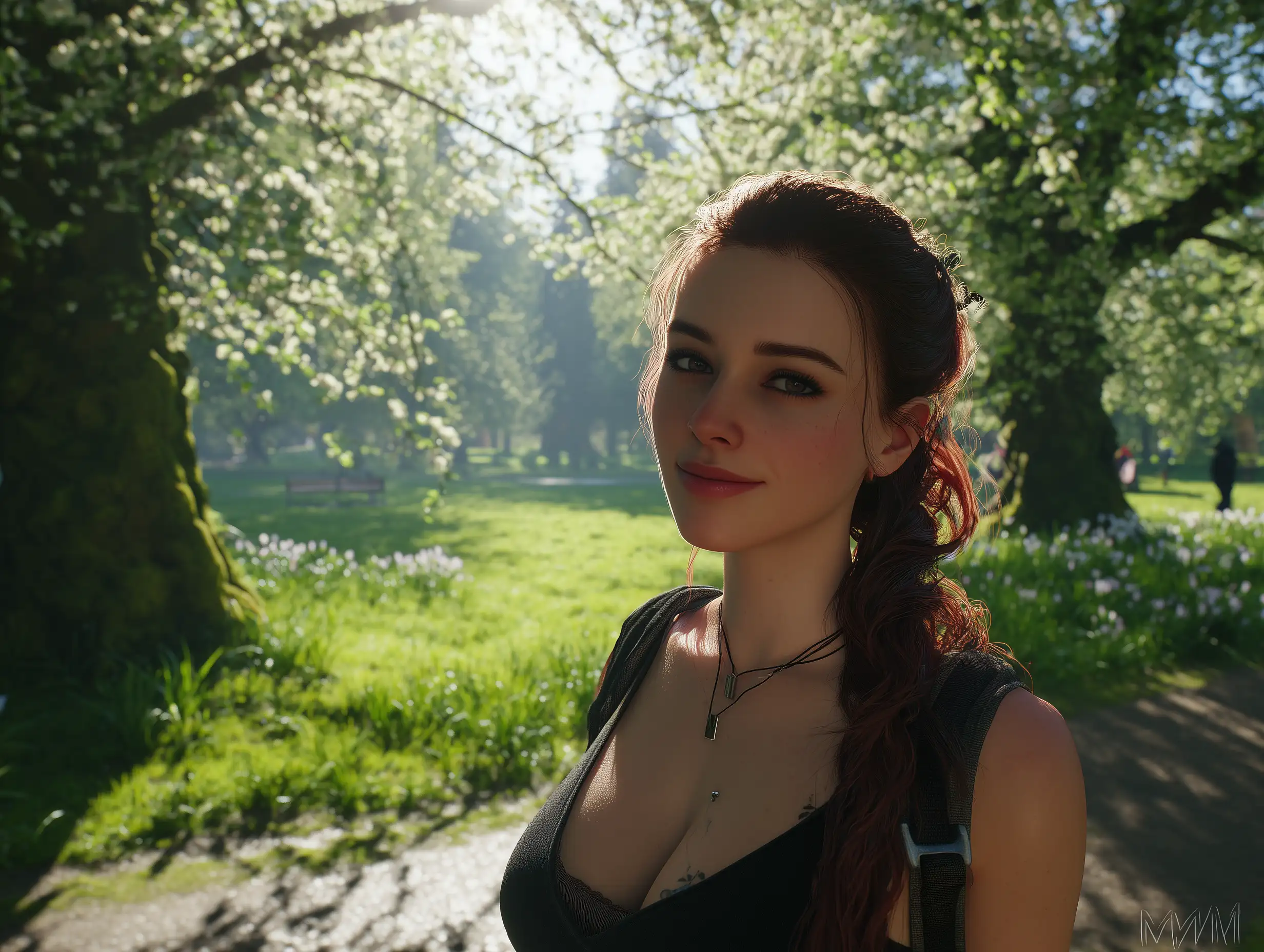 Virtual girlfriend walking in a park, spring scenery, natural sunlight, relaxed casual pose, realistic lifestyle photography look