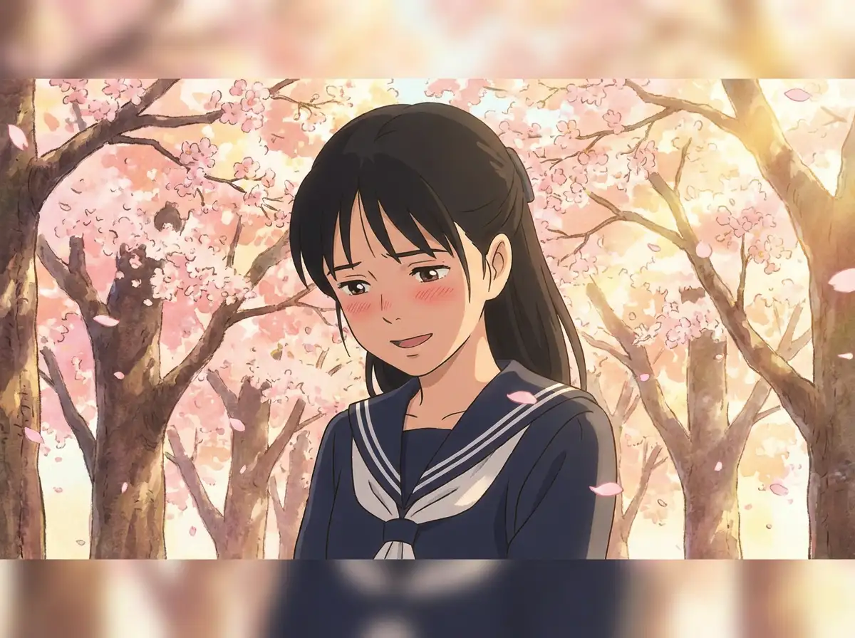 A shy schoolgirl waifu wearing a sailor uniform, cherry blossoms falling, warm spring sunlight, cinematic anime style