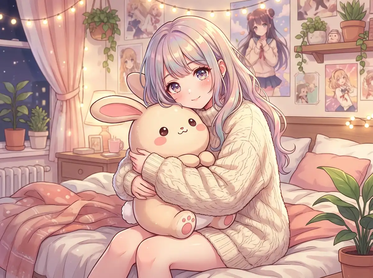 A kawaii waifu holding a plush toy, oversized sweater, cozy bedroom background, soft focus, high-detail anime shading