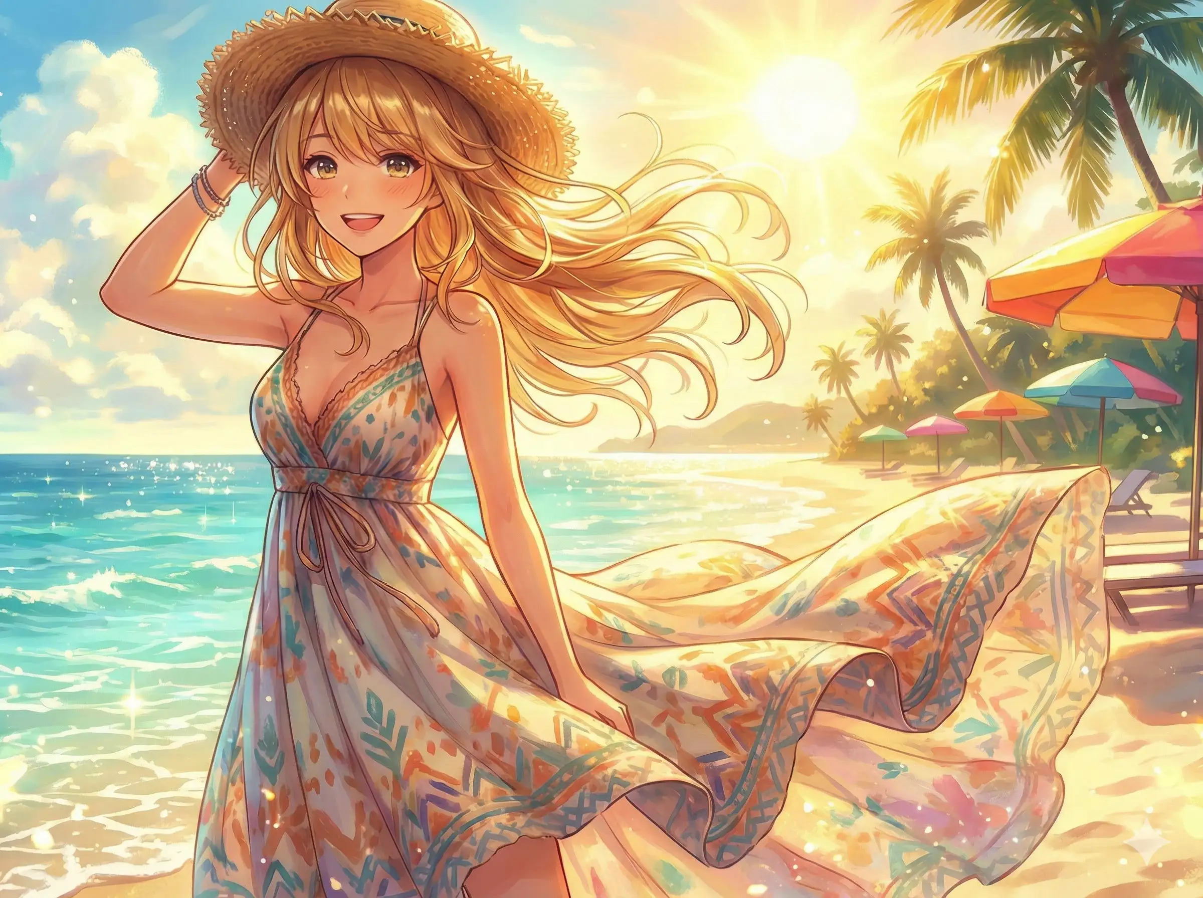 A beach summer waifu, sunlight, ocean breeze, vibrant colors, high-quality anime art.