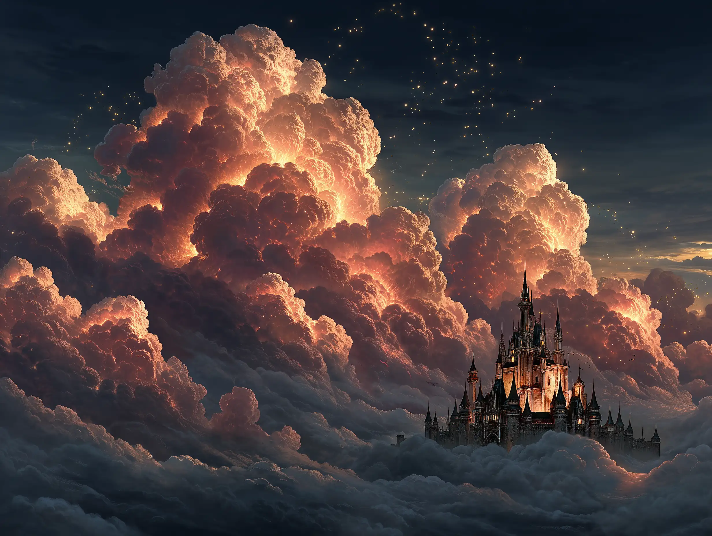 majestic floating castle above clouds, golden sunlight, magical aura, glowing particles, epic fantasy scenery, painterly textures with cinematic depth